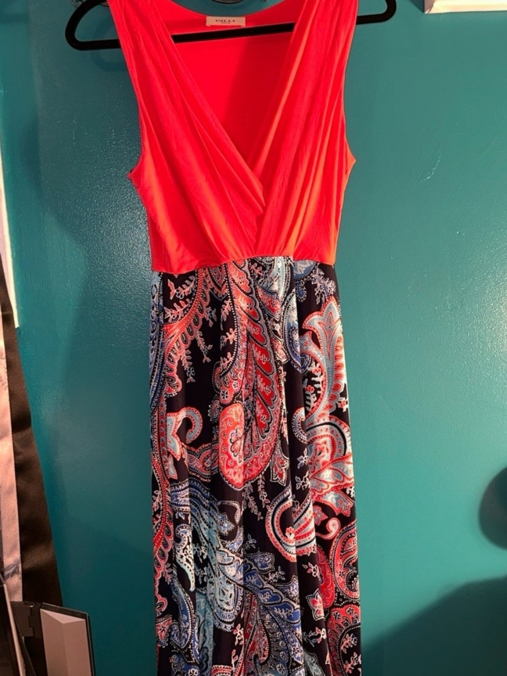 Sleeveless V-Neck Maxi Dress in Coral and Paisley